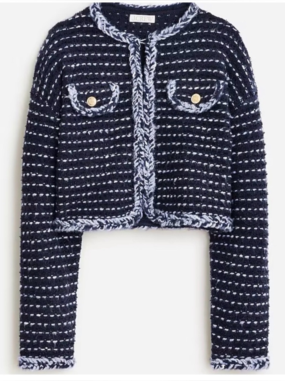 J. Crew Navy and Light Gray Bouclé Cropped Blazer